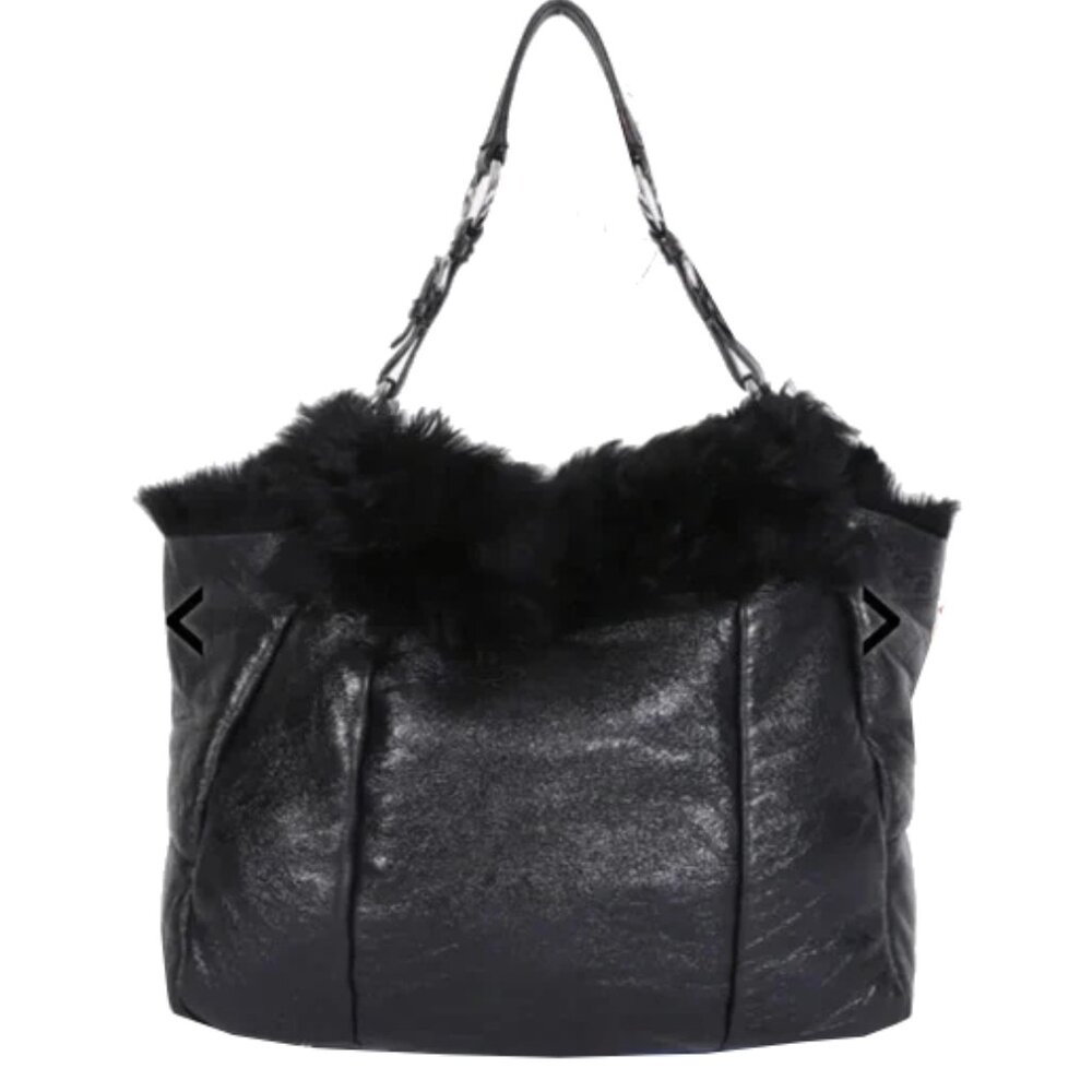 PRADA Authentic Vintage Side Pockets Shearling Handbag Black Shoulder Bag Tote
